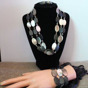 WHBM Necklace, Bracelet & Earring Set Multi Strand Mother Of Pearl, Black Wood